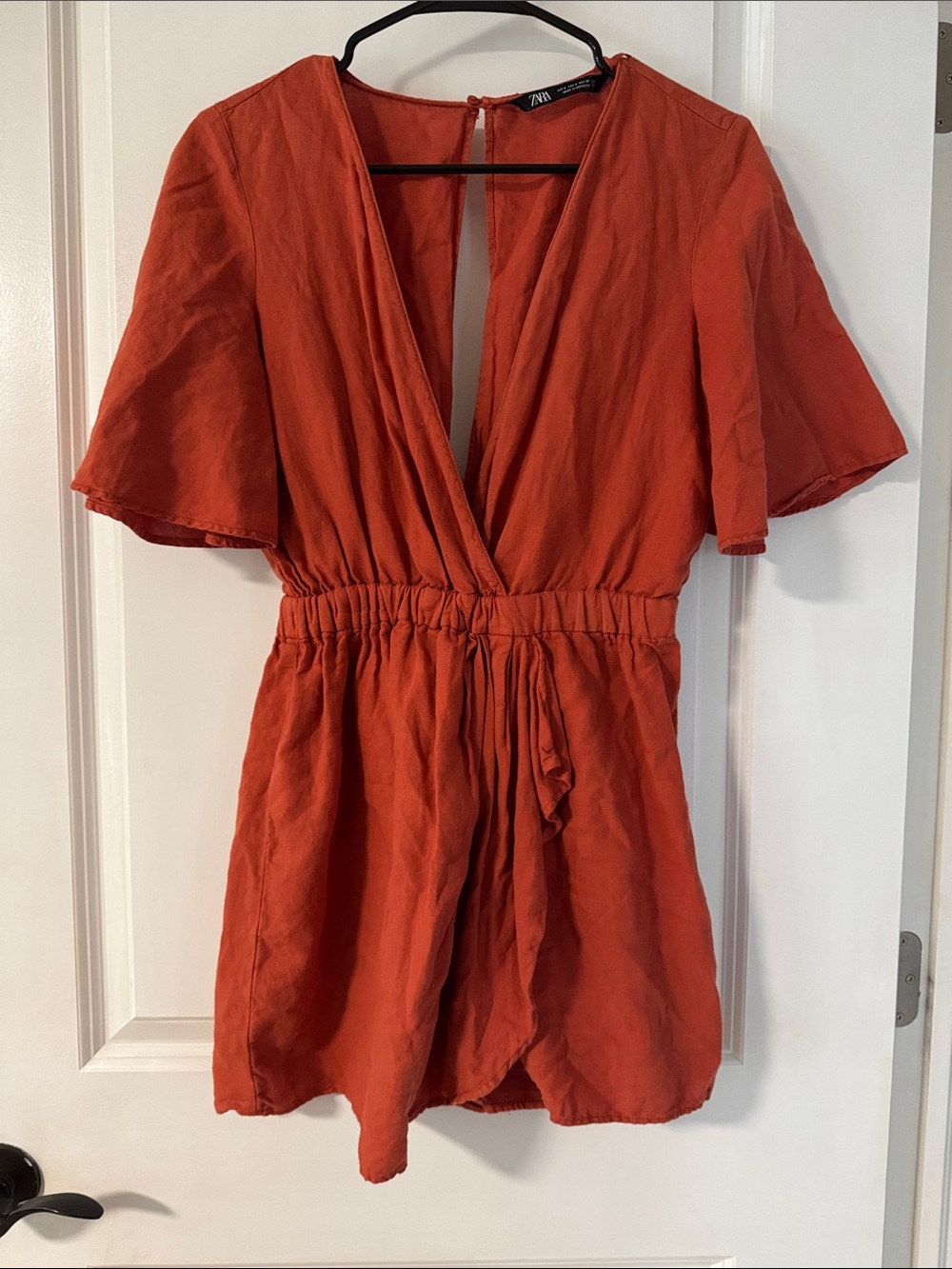Zara Burnt Orange V-Neck Open Back Short Sleeve Romper